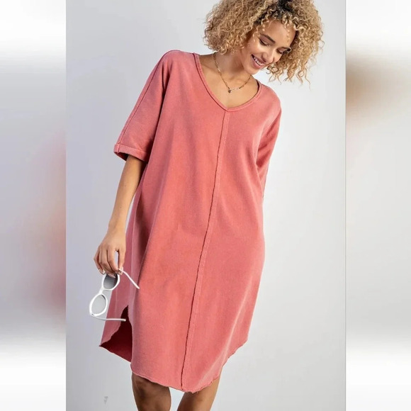 New! Easel Coral Mineral Washed Terry Knit Tunic T-shirt Dress M - Picture 3 of 6